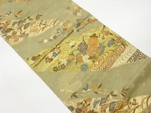 草花・古典柄に流水・鴛鴦模様織出し袋帯